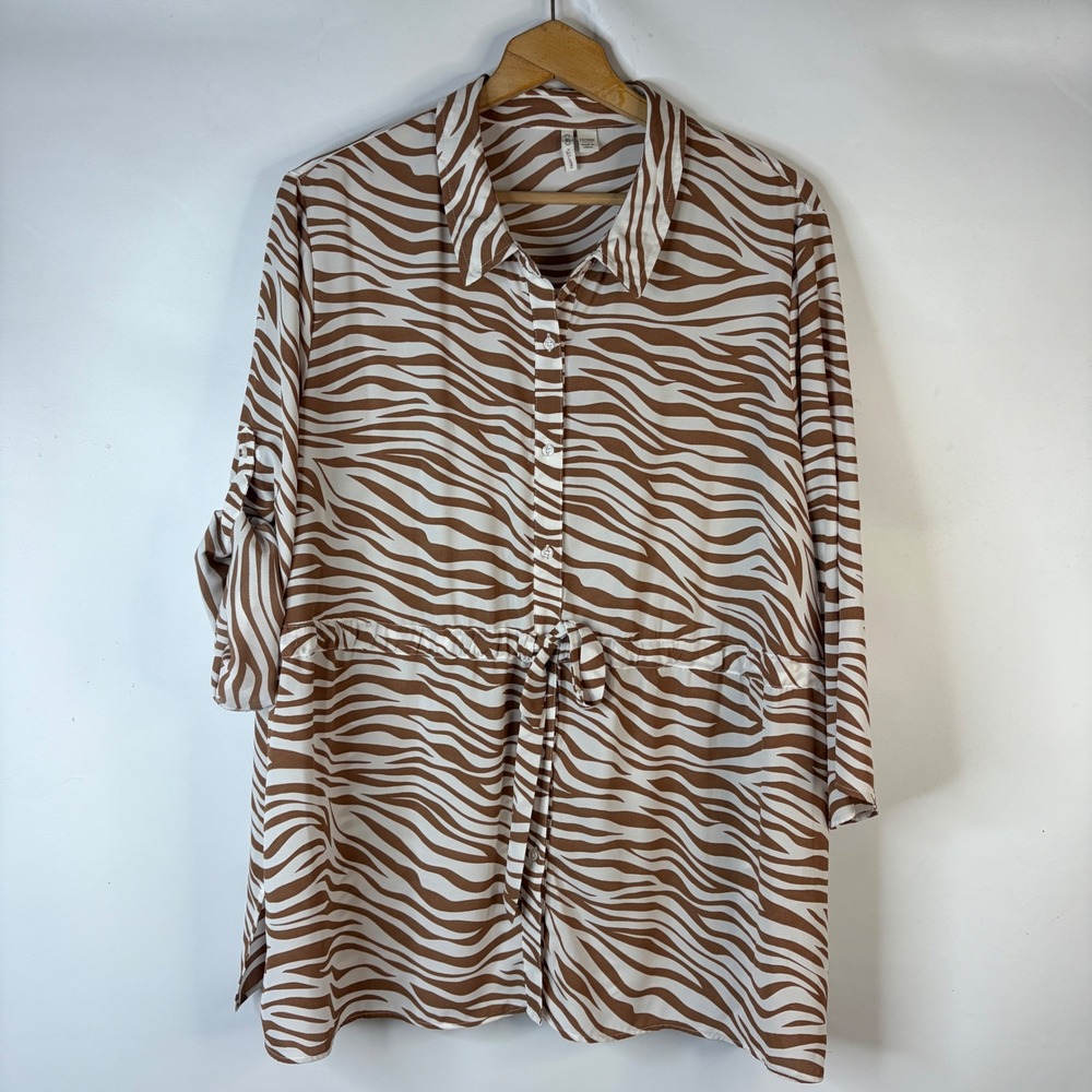 Cato Tunic Women 22/24W Brown Zebra Print Roll Tab Sleeve Drawstring Waist Top